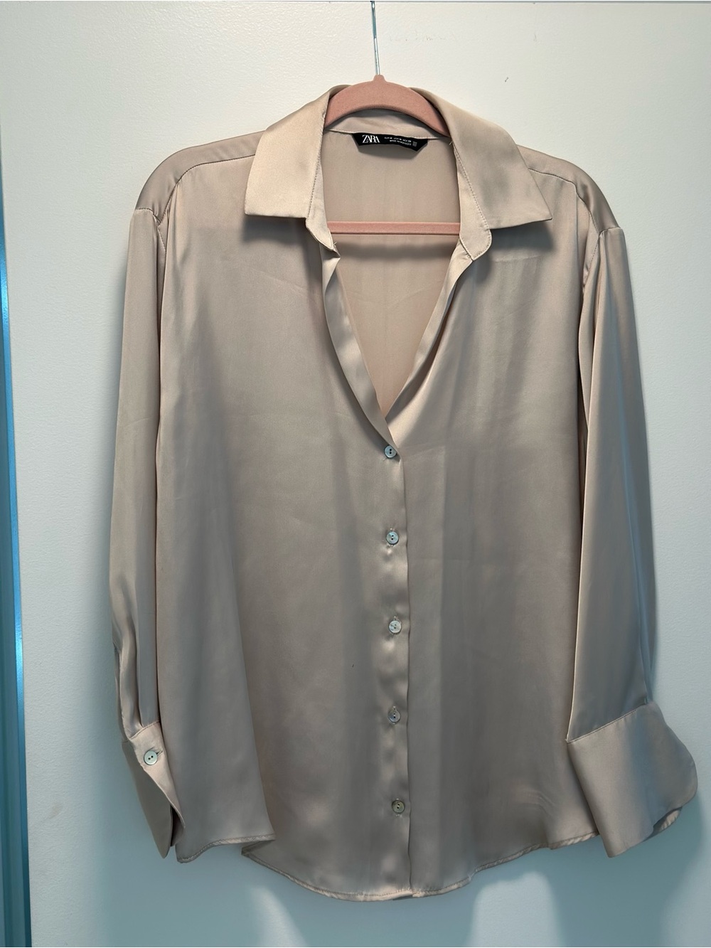 Zara Satin Champagne Button Down Blouse Size M